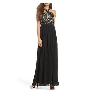 Black Nude Beaded Lace Halter Gown